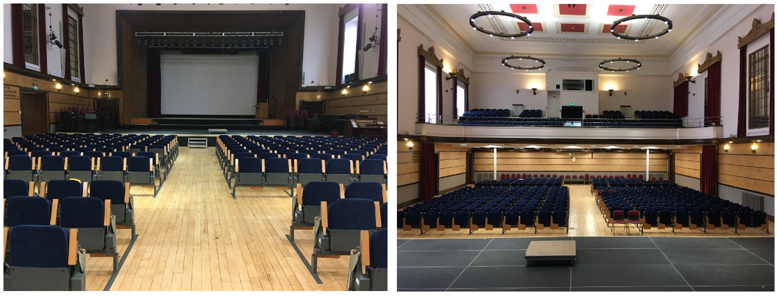 Rows of fixed seats facing forwards. There is an upper balcony with more rows of seats.